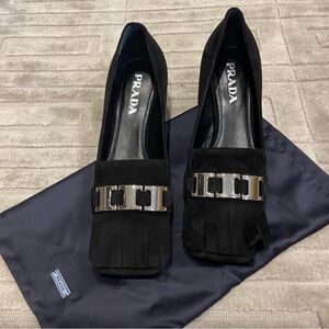 PRADA black suede 41 10.5  block heel square toe box PRADA silver hardware